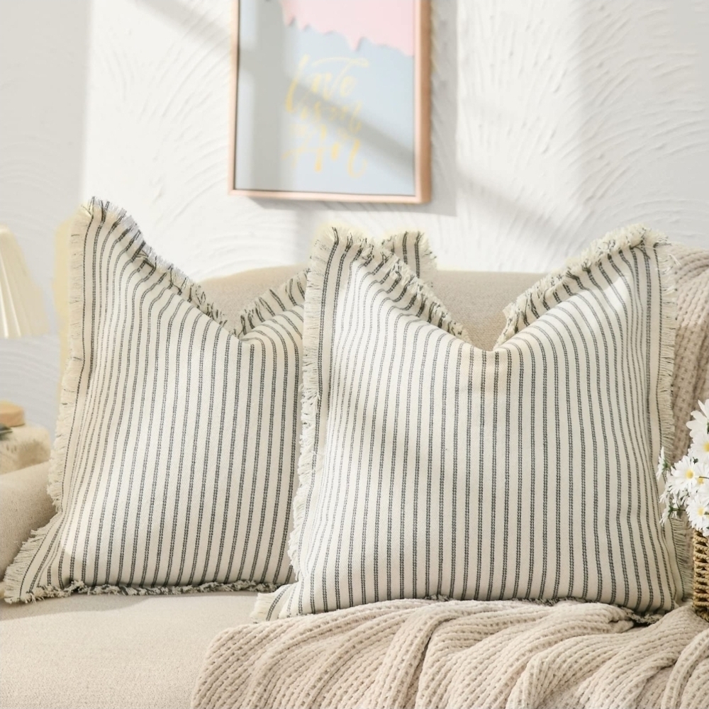 * Pillow Covers 18x18, Striped Covers with Fringe Chic, Decor, Farm,‎ Bojo Style